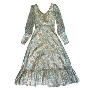 70s vintage prairie dress victorian cream green blue lace